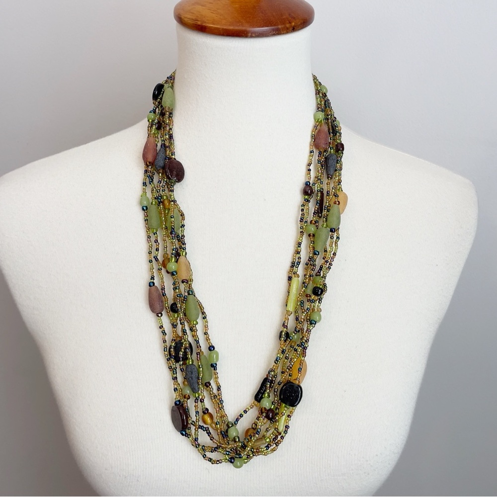 Seed Bead Necklace Green Glass Multi Strand No Clasp Medium NWOT